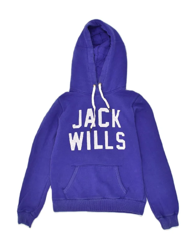 JACK WILLS Womens Graphic Hoodie Jumper UK 12 Medium  Blue Cotton Hoodie with Print Artistic Unique