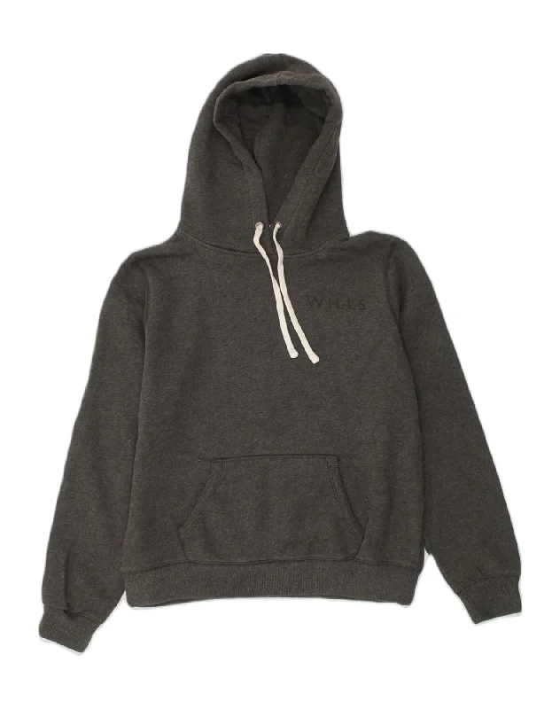 JACK WILLS Womens Graphic Hoodie Jumper UK 14 Large Grey Cotton Hoodie with Hem Embroidery Detailed Premium