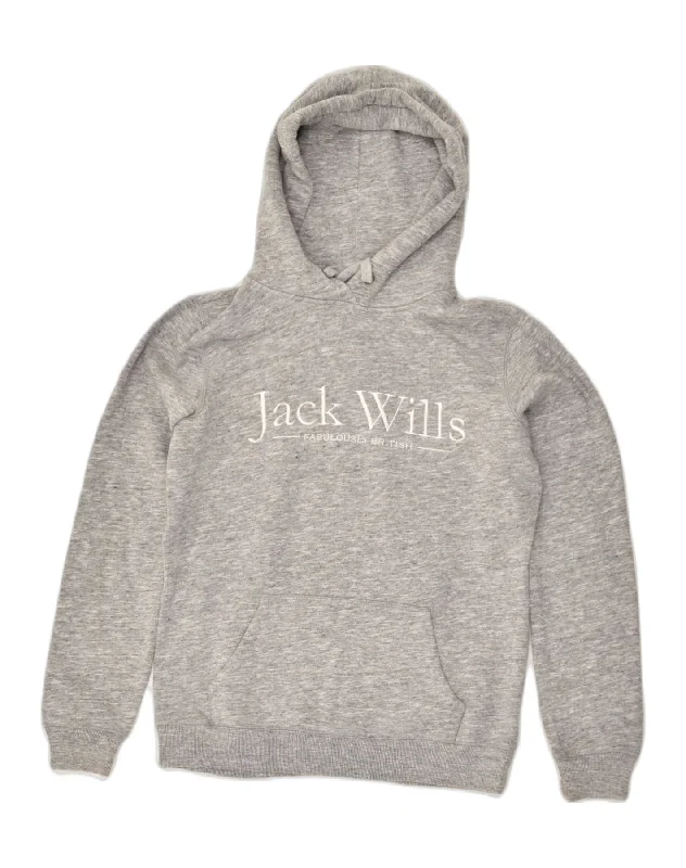 JACK WILLS Womens Graphic Hoodie Jumper UK 8 Small  Grey Cotton Hoodie with Raw Hem Edgy Unfinished