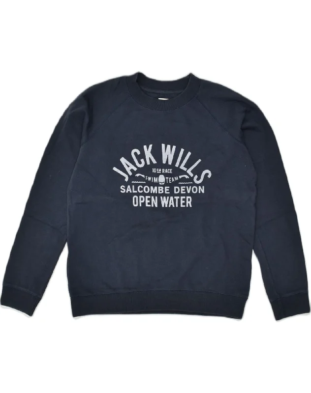 JACK WILLS Womens Graphic Sweatshirt Jumper UK 12 Medium Navy Blue Cotton Hoodie with Mock Neck Collared Structured JACK WILLS Womens Graphic Sweatshirt Jumper UK 12 Medium Navy Blue Cotton Hoodie with Mock Neck Collared Structured