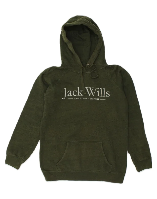 JACK WILLS Womens Loose Fit Graphic Hoodie Jumper UK 10 Small Khaki Cotton Hoodie with Monochrome Minimalist Simple