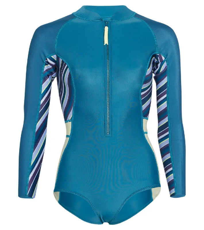 Level Six Women's 1.2mm Neoprene Mystique Front Zip Long Sleeve One Piece Swimsuit Dark Teal/Sunny Lime Fun Pattern Swimsuit