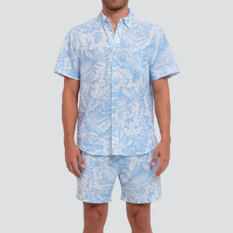 Light Blue Vintage Woven Shirt + Volley Swim Shorts Set Sleek Full Coverage