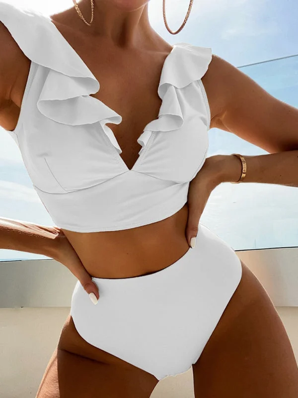 New women's lace V-neck ruffled high-waist split swimsuit bikini Stylish Cover-Up Set