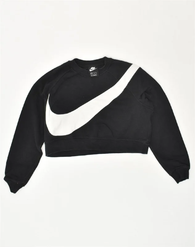 NIKE Womens Crop Sweatshirt Jumper UK 6 XS Black Colourblock Cotton Hoodie with Thumb Holes Functional Cozy