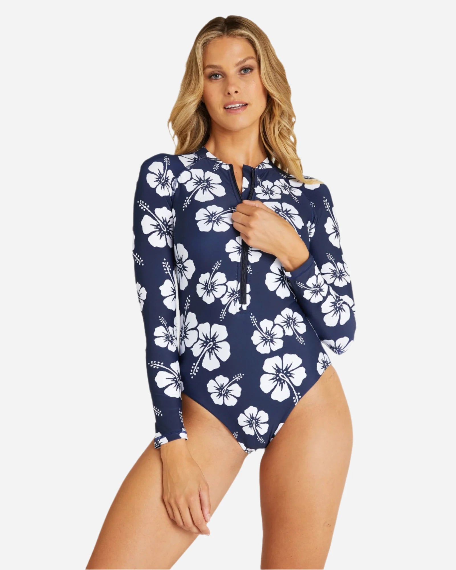 Womens - Swim Long Sleeve Suit - Hibiscus Navy Floral Swimwear Set