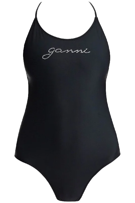 one-piece swimsuit with logo A6064 BLACK Deep-V Swimsuit Design