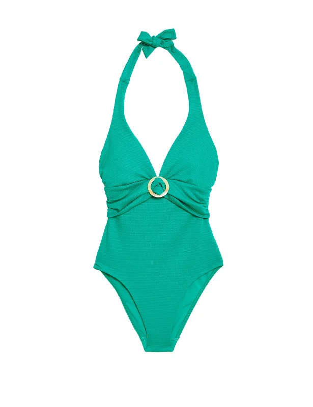 Padded Ring Detail Halterneck Swimsuit Full Coverage Swimsuit