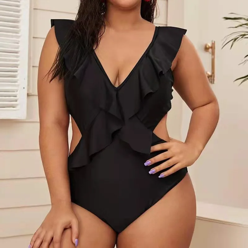 Plus Size Women Summer Beach Vacation Ruffled Solid Color One Piece Swimwear Beach Ready Swimsuit