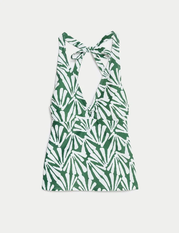 Printed Padded Halterneck Tankini Top Ruched Swimwear Set