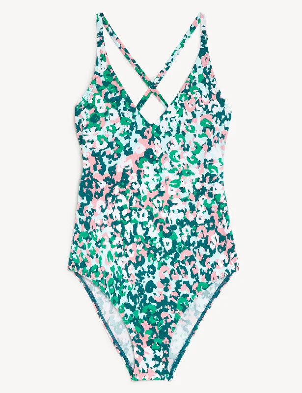 Printed Tie Detail Plunge V-Neck Swimsuit Plunge Neckline Swimsuit