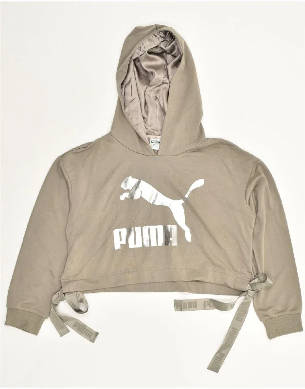 PUMA Womens Graphic Crop Hoodie Jumper UK 8 Small Beige Cotton Hoodie with Longline Fit Extended Stylish PUMA Womens Graphic Crop Hoodie Jumper UK 8 Small Beige Cotton Hoodie with Longline Fit Extended Stylish