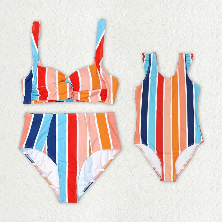 RTS no moq Mommy and Me Adult Baby Girls Summer Stripes Swimsuits.adult with kids swim Push-Up Bikini Bottoms