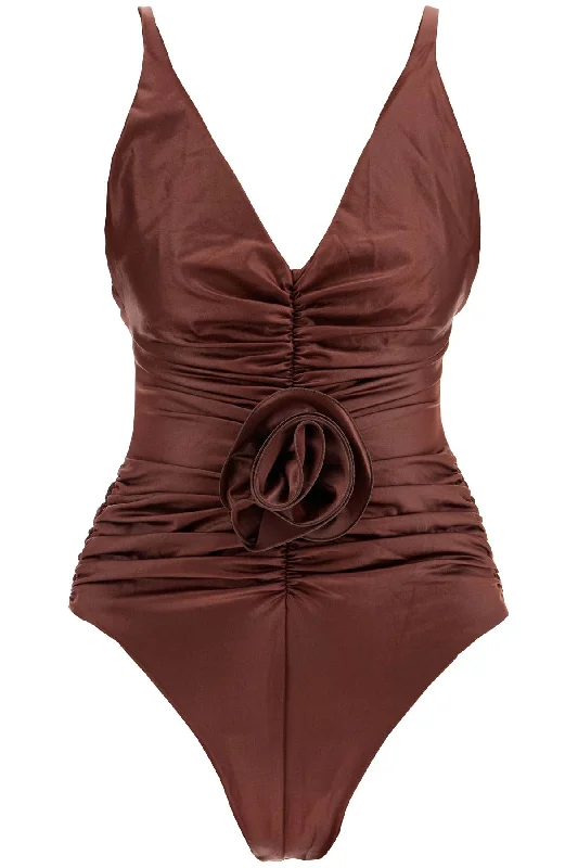 ruffled one-piece swimsuit with 631724 BROWN Mesh Panel Swimwear