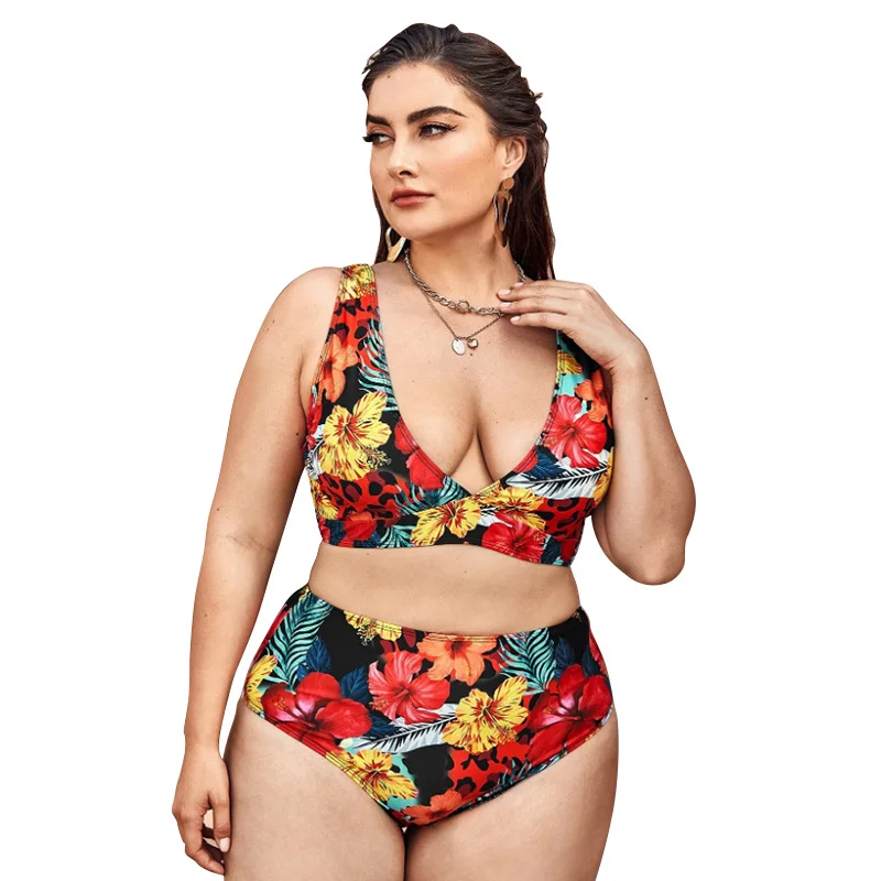 Sexy Large Size Split Bikini High Waist Wide Shoulder Straps Digital Printing Swimsuit Women Adjustable Bikini Bottoms