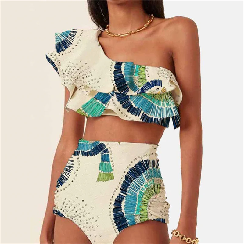 Sexy Women Double Layer Ruffle Graphic Printing One-Shoulder Chiffon Swimwear Halter Neck Swimsuit