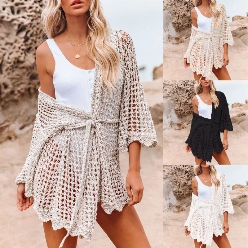 Summer Hollow Out Knitted Blouse Crochet Chiffon Swimsuit Cover Up Crisscross Back Swimsuit