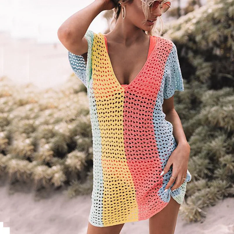 Summer Women Seaside Vacation Hollow Crochet Gradient Rainbow Color Sexy V-Neck Swimwear Cove-Ups Chic Bikini Set