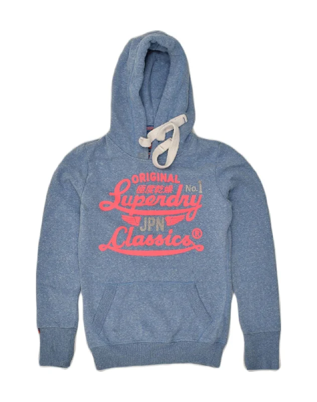 SUPERDRY Womens Graphic Hoodie Jumper UK 2 2XS Blue Polyester Hoodie with Hem Ribbing Snug Secure