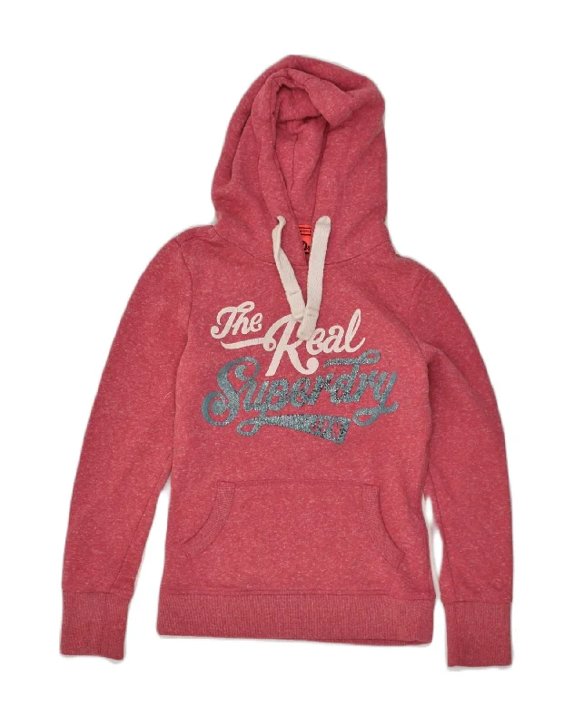 SUPERDRY Womens Graphic Hoodie Jumper UK 2 2XS Red Polyester Hoodie with Hem Ribbing Snug Secure
