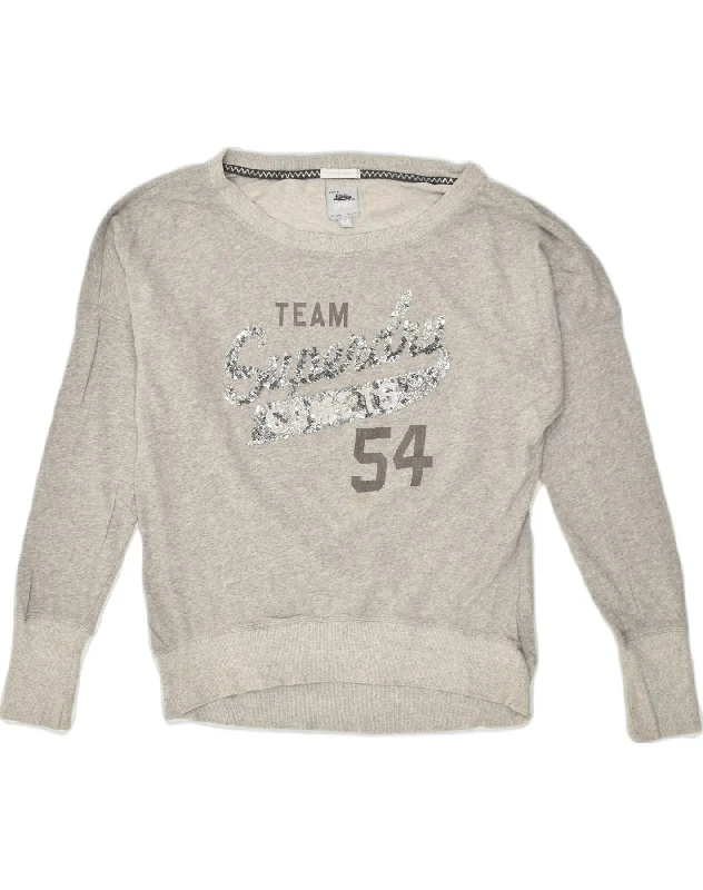SUPERDRY Womens Graphic Sweatshirt Jumper UK 12 Medium Grey Cotton Hoodie with V-Neck Classic Versatile SUPERDRY Womens Graphic Sweatshirt Jumper UK 12 Medium Grey Cotton Hoodie with V-Neck Classic Versatile