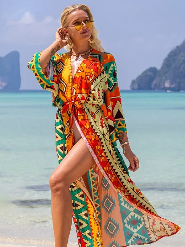 Printed Swimsuit Cover Up Kimono for Sea Boho Luxury Beach Outings or Holiday Bathing Suits Lace-Detail Bikini Set