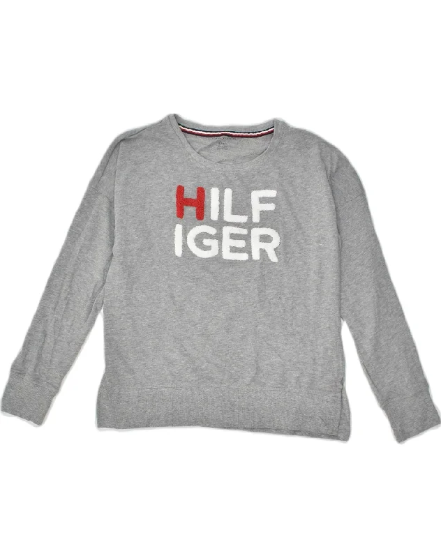 TOMMY HILFIGER Womens Graphic Sweatshirt Jumper UK 10 Small Grey Cotton Hoodie with Front Slit Layering Stylish