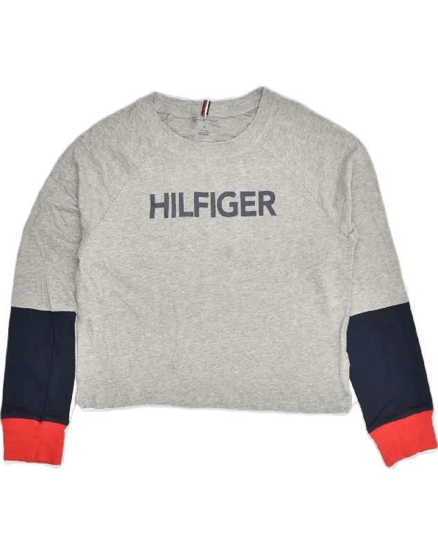 TOMMY HILFIGER Womens Graphic Sweatshirt Jumper UK 16 Large Grey Hoodie with Cropped Fit Short Trendy TOMMY HILFIGER Womens Graphic Sweatshirt Jumper UK 16 Large Grey Hoodie with Cropped Fit Short Trendy