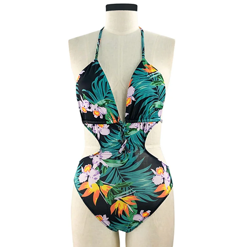 Women Deep V-Neck Leaf Print Backless Plus Size One-Piece Swimwear Floral Print Swimsuit