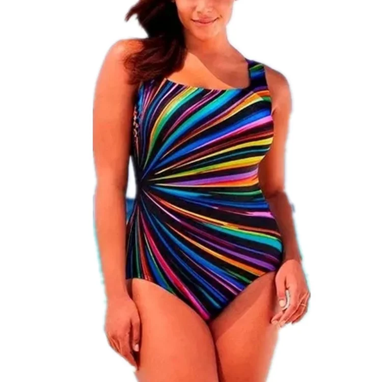 Women Elegant Sleeveless Plus Size Striped One Piece Swimwear Strap Bikini Set