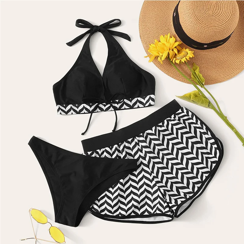 Women Fashion Solid Color Wavy Pattern Sexy Halter Neck Tether Backless Swimsuit Three-Piece Set Classic Swimsuit Design