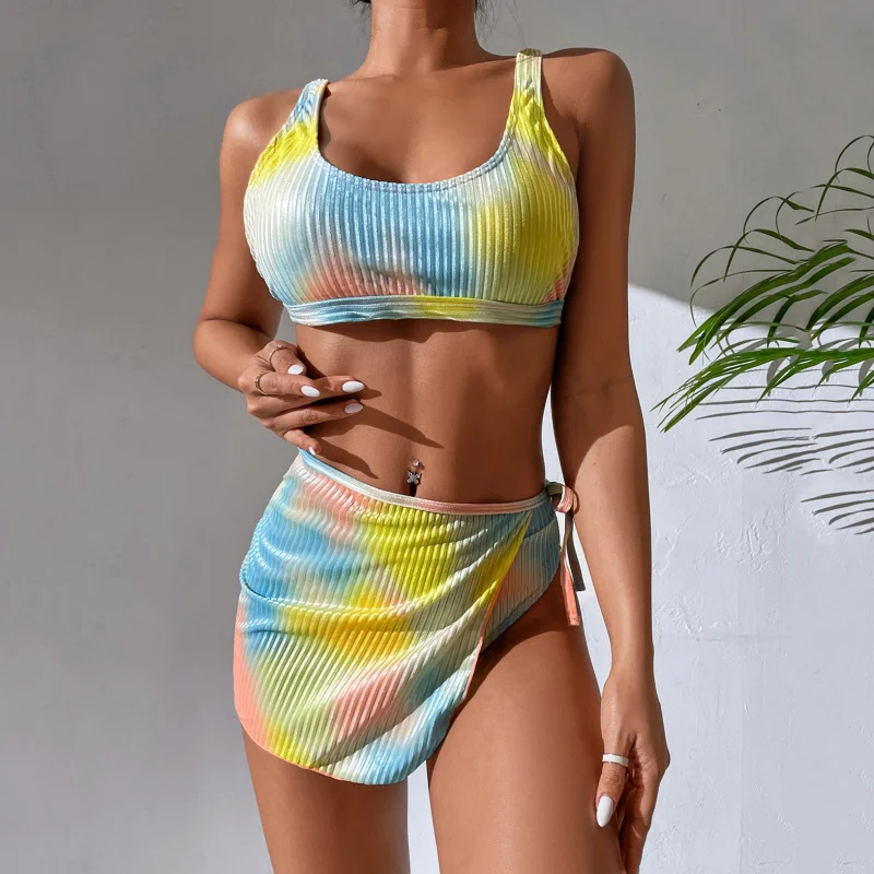 Women Fashion Thread Multicolor Tie-Dye Two-Piece Bikini Three-Piece Swimsuit Lace-Detail Bikini Set