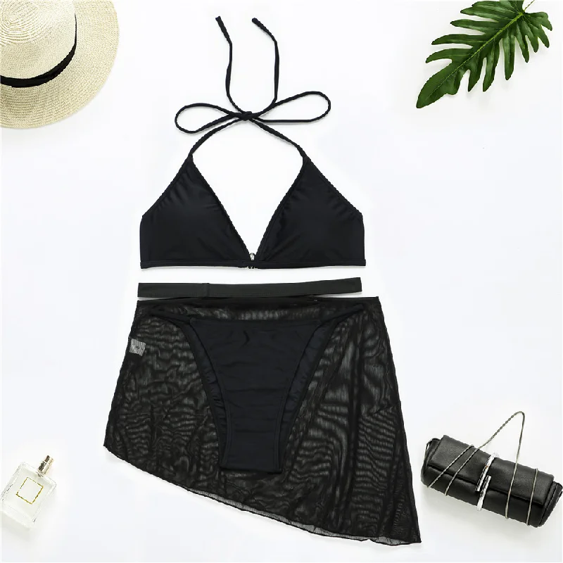 Women Sexy Transparent Mesh Swimsuit Three-Piece Set Comfortable Swim Shorts