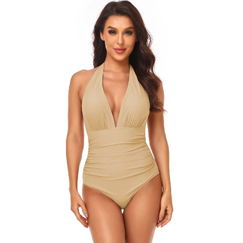 Women Simple Solid Color Shirring Halter Neck One-Piece Swimwear Stylish Beachwear Set