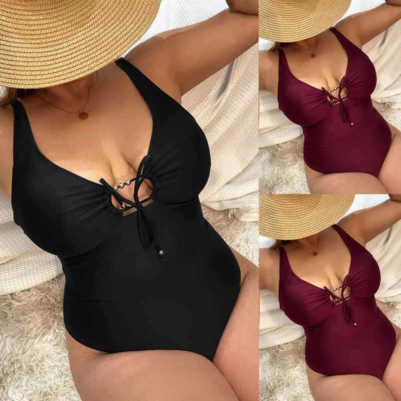 Women'S Solid Color Strap High Waist Sexy Plus Size One Piece Swimsuit Lace-Detail Bikini Set