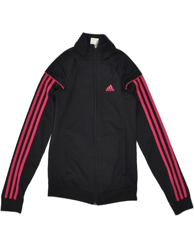 ADIDAS Womens Graphic Tracksuit Top Jacket UK 0-2 2XS Black Polyester Fitted Jacket Loose Jacket Oversized Jacket