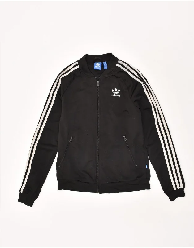 ADIDAS Womens Graphic Tracksuit Top Jacket UK 10 Small  Black Polyester Denim Fabric Leather Fabric Suede Fabric