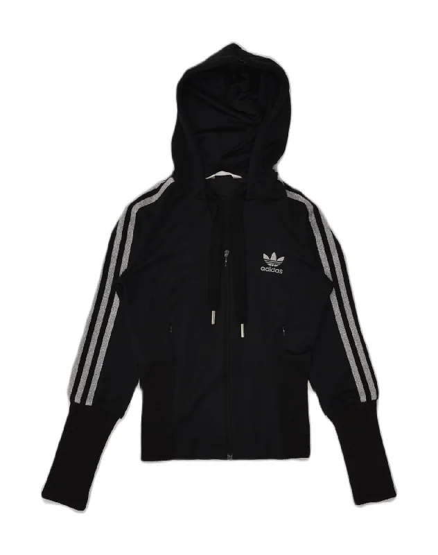 ADIDAS Womens Hooded Tracksuit Top Jacket IT 40 Small Black Polyester Fleece Fabric Down Fabric Feather Fabric