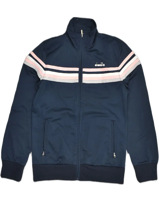 DIADORA Womens Tracksuit Top Jacket UK 12 Medium Navy Blue Colourblock Collared Jacket Crew Neck Jacket Turtle Neck Jacket