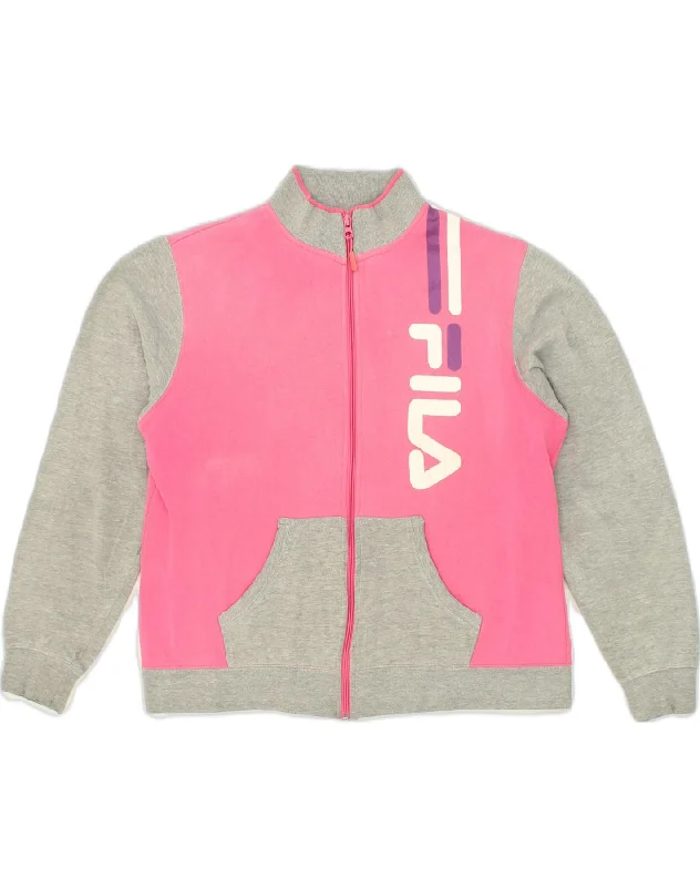 FILA Womens Graphic Tracksuit Top Jacket UK 18 XL Pink Colourblock Cotton Zippered Jacket Buttoned Jacket Snapped Jacket