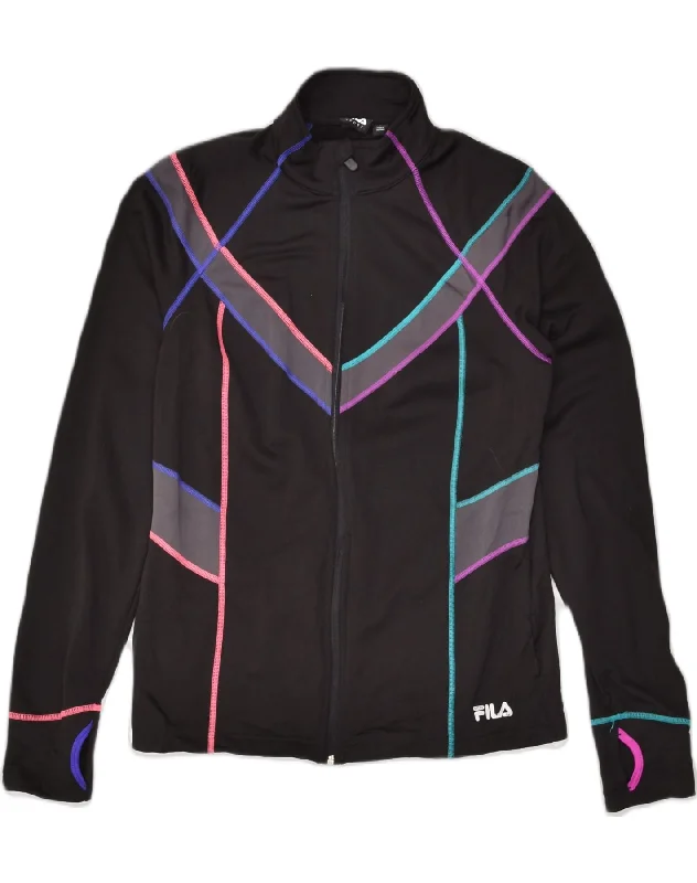 FILA Womens Tracksuit Top Jacket UK 14 Large Black Polyester Zippered Jacket Buttoned Jacket Snapped Jacket