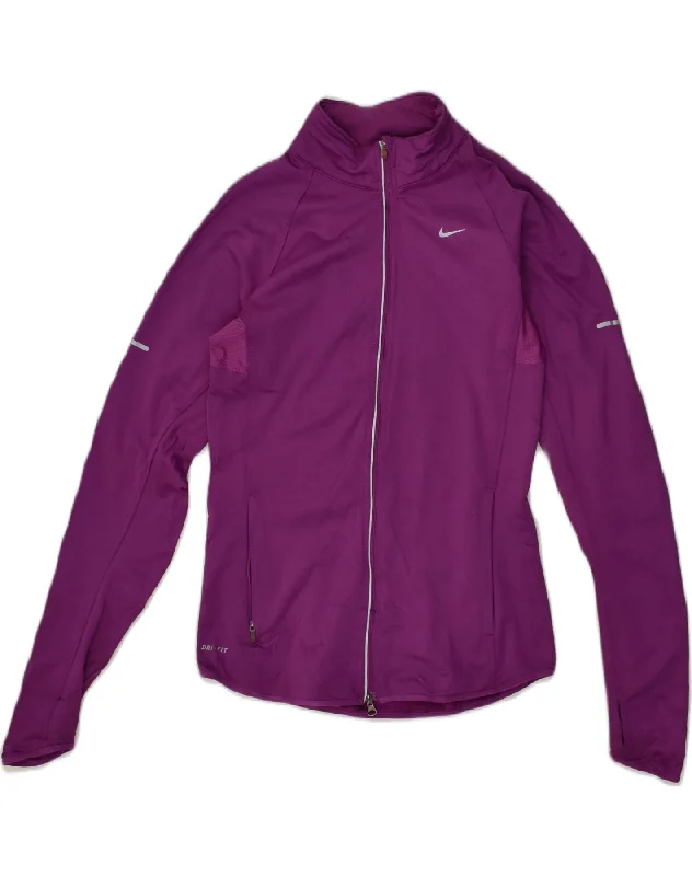 NIKE Womens Dri Fit Tracksuit Top Jacket UK 8 Small Purple Polyester Hooded Jacket Caped Jacket Shawl Collar Jacket