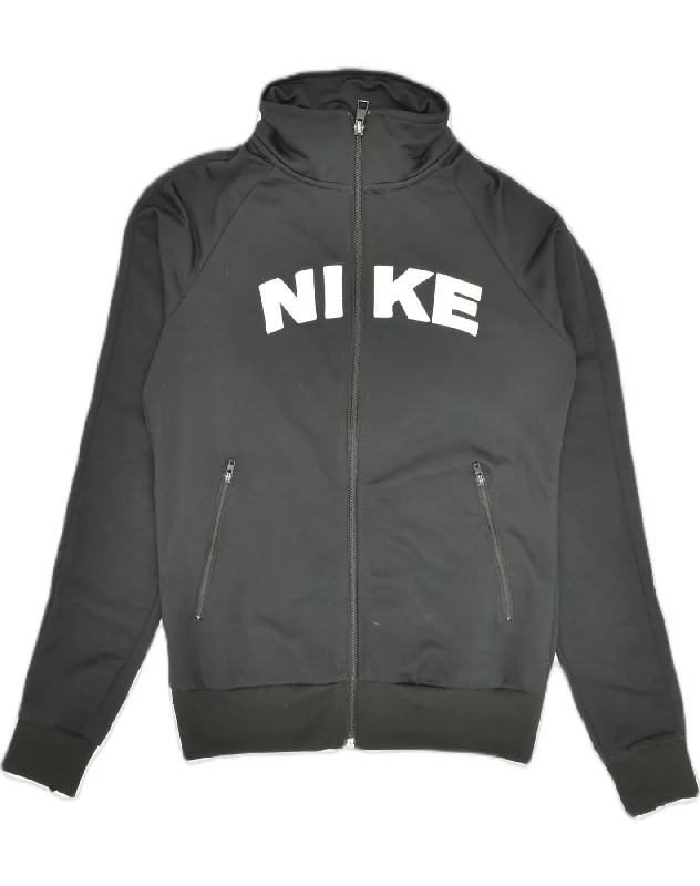 NIKE Womens Graphic Tracksuit Top Jacket UK 10 Small Black Polyester Denim Fabric Leather Fabric Suede Fabric