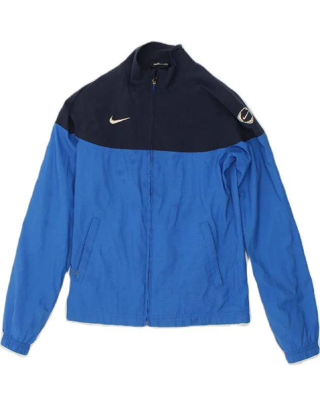 NIKE Womens Tracksuit Top Jacket UK 14 Large Blue Colourblock Polyester Denim Jacket Leather Jacket Suede Jacket