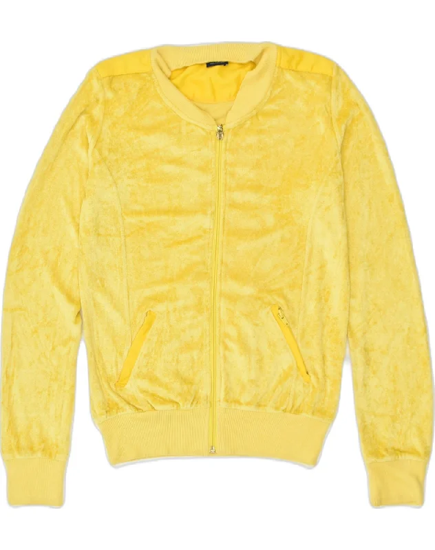 TRUSSARDI JEANS Womens Velour Tracksuit Top Jacket UK 10 Small Yellow Ribbed Jacket Pleated Jacket Ruffled Jacket