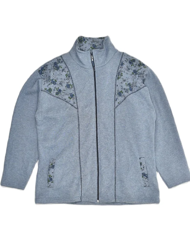 VINTAGE Womens Tracksuit Top Jacket UK 24/26 3XL Blue Floral Cotton Hoodie Zip-Up Jacket Button-Up Jacket