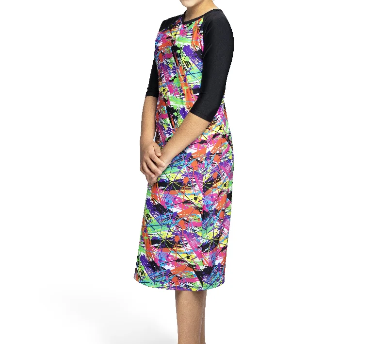 Girls Modest Tznius 3/4 Sleeve UPF 50+ Sun Protection bathing Suit Swimdress (Aruba in Color Splash / Black Sleeves ) Chic Beach Cover-Up Girls Modest Tznius 3/4 Sleeve UPF 50+ Sun Protection bathing Suit Swimdress (Aruba in Color Splash / Black Sleeves ) Chic Beach Cover-Up