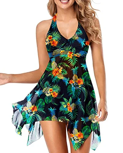 Backless Tummy Control Asymmetrical Handkerchief Swim Dress-Black Pineapple Modern High-Waisted Swimsuit Backless Tummy Control Asymmetrical Handkerchief Swim Dress-Black Pineapple Modern High-Waisted Swimsuit