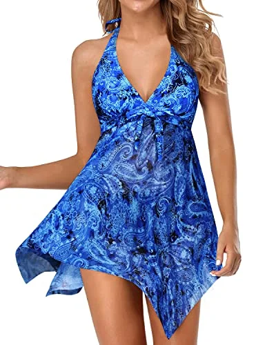 Backless Two Piece Swimsuit With High Waist Boyshorts-Blue Tribal Classic Sporty Swimsuit Backless Two Piece Swimsuit With High Waist Boyshorts-Blue Tribal Classic Sporty Swimsuit
