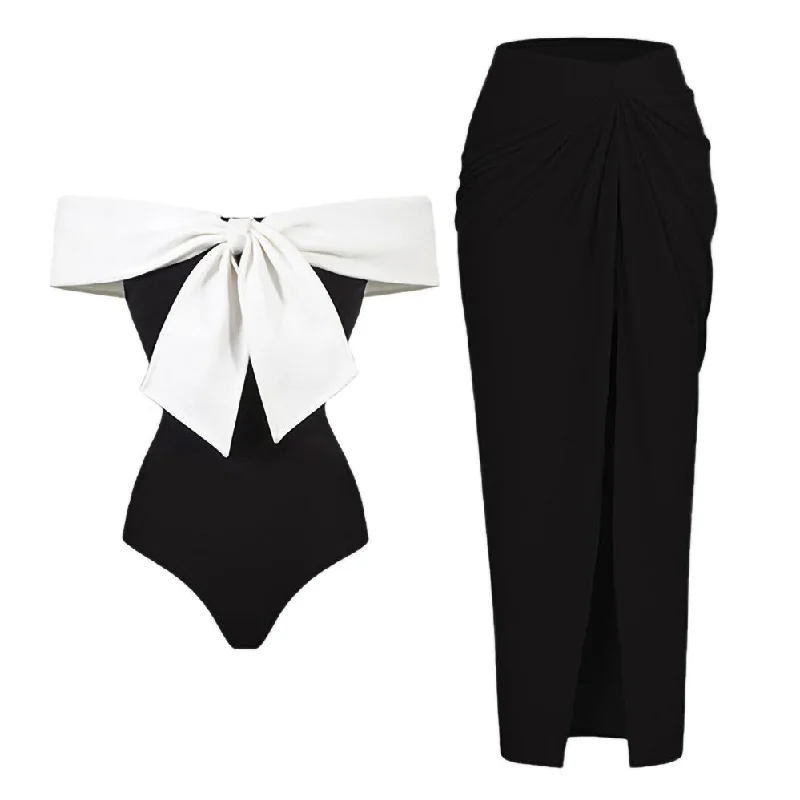 Black And White Color Blocked One-shoulder Bikini One-piece Slim Fit Open-back Bow Design Swimsuit Women Elegant Straps Cover up Classic Swimsuit Design Black And White Color Blocked One-shoulder Bikini One-piece Slim Fit Open-back Bow Design Swimsuit Women Elegant Straps Cover up Classic Swimsuit Design